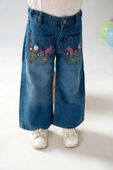 Hummingbirds - Embroidered Wide-Leg Denim Jeans - 1 Piece