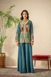 Shamaeel - Emerald Mist Viscose Silk Suit For Women - Emerald Green & Teal - 2 Piece