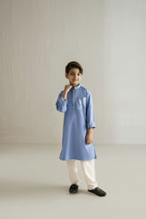 Shehrnaz - Cotton Chambray Elephant Print Kurta Set For Boy - Chambray Blue