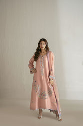 Shehrnaz - Pure Raw Silk Tea Rose Lace Suit For Women - Tea Pink