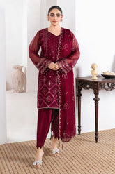 Fozia Khalid - RUBY - Organza & Raw Silk - Maroon - 4 Piece