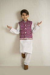 Shehrnaz - Cotton Blue Elephant Kurta With Purple Waistcoat Set For Boy - White / Purple