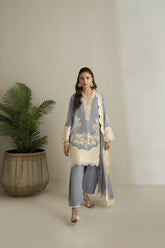 Shehrnaz - Khaadi Net Sky Mist Embroidered Suit For Women - Light Blue