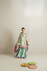 Shehrnaz - Silk Ferozi Block Angrakha & Gharara Set For Girl - Ferozi Blue