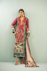 Shamaeel - Rosewood Scenic Suit Viscose Silk Suit For Women - Maroon & Green - 2 Piece