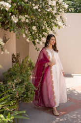 Omal by Komal - CHANDNI (Frock & Dupatta) - White - Banarsi Paper Cotton & Organza - 2 Piece