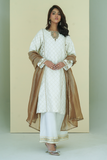 Gul E Noor - Zaraq - White and Brown - Banarasi Cotton - 3 Piece