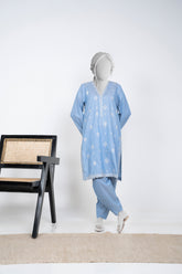 Ayla Studio - Chambray Embroidered Suit For Women - Sky Blue - 2 Piece