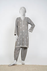Ayla Studio - Chambray Embroidered Suit For Women - Silver Grey - 2 Piece