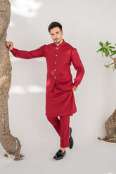 Shahjahan - Wash & Wear - Red Kurta Trouser & Waistcoat - 3 Piece