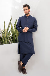 Shahjahan - Wash & Wear - Blue Kurta Trouser & Waistcoat - 3 Piece