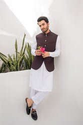 Shahjahan - Wash & Wear - Chocolate Brown on Off White - 3 Piece