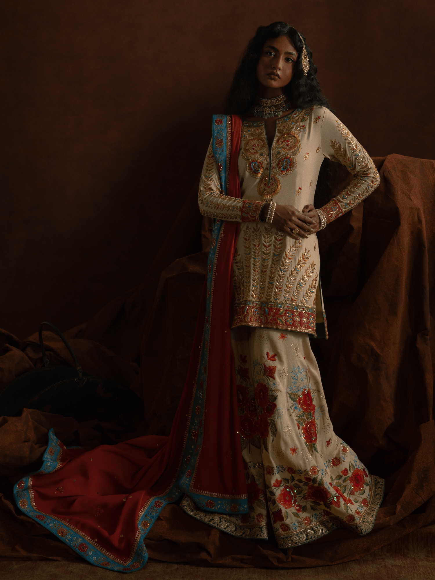 Sanam Chaudhri Roshanak Gharara Ivory / Cream 3 Piece