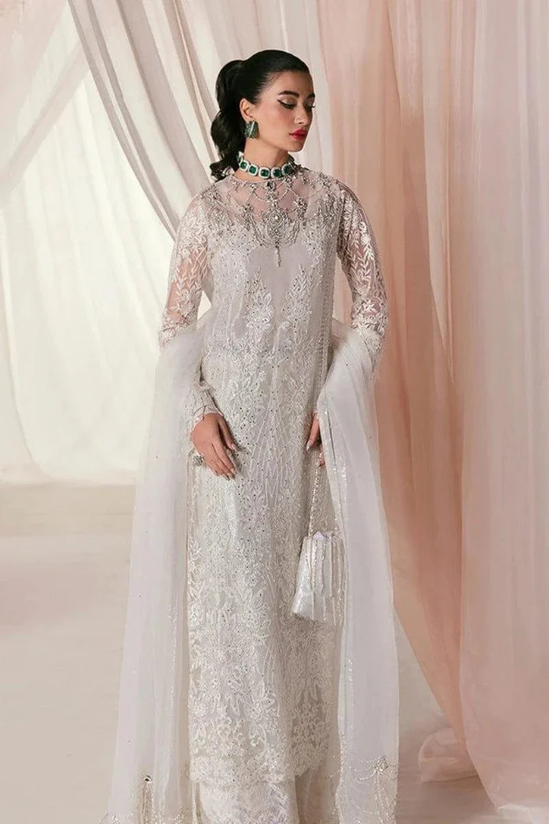 Nilofer Shahid - Pearl White Embroidered Net Shirt and Pure Lace Fabric Pants with Premium Organza Dupatta - Divine Love - 3 Piece - Studio by TCS