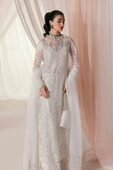 Nilofer Shahid - Pearl White Embroidered Net Shirt and Pure Lace Fabric Pants with Premium Organza Dupatta - Divine Love - 3 Piece - Studio by TCS
