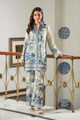 Shamaeel - ECK-28 - Ivory with Bold Blue Khaddi Silk - 2 Piece