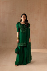 Maria Osama Khan - Emerald Green  - BOTTLE GREEN - RAWSILK & Organza - 3 Piece