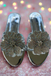MILLI SHOES - Fancy Floral Slides - Silver - Slides