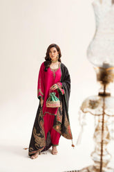 Nilofer Shahid - Raw Silk Kurta & Crushed Silk Shalwar with Fuchsia Black Raw Silk Shawl - 3 Piece - Studio by TCS