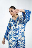Laleen - Frosted Blue Raw Silk Kaftan For Women - Blue and White - 2 Piece