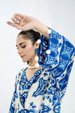 Laleen - Frosted Blue Raw Silk Kaftan For Women - Blue and White - 2 Piece