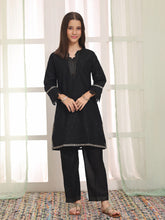 Oaks Embroidered Cotton Net Jacquard Co-ord set Black 2 Piece