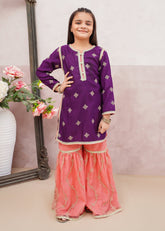 Modest - Rawsilk Embroidered Gharara Suit For Girl - Purple - 3 Piece