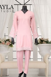 Ayla Studio - 2-Piece Solid Embroidered Suit - GULBADAN - SOFT PINK - Wash & Wear