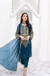 Laleen - Gulerukh Teal Chiffon Suit For Women - Teal - 3 Piece