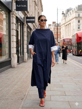 Gulabo - Navy Noir Cotton Stretch Dress For Women - Navy White - 2 Piece