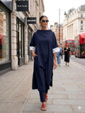 Gulabo - Navy Noir Cotton Stretch Dress For Women - Navy White - 2 Piece
