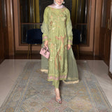 Ombrella - Verdant blossom pastel Raw Silk Suit For Women - 3 Piece