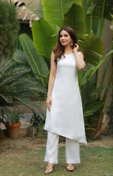 Syah - Diagonal Cut Long Shirt With Trouser - White - Crepe - 2 Piece