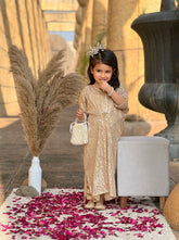 Mom4Little - Sequin Kaftan with Crystal Brooch For Girl - Raw Silk - Soft Gold - 3 Piece