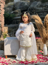 Mom4Little - Zari Boti Shirt Net Gharara For Girl - white - 3 Piece