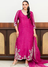 Allure By Ih - Paisley Raw Silk Suit For Women - Burnt Hot Pink - 3 Piece