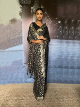 Gulabo - Aseer Silk Chiffon Banarsi Black Silver Gold Sari For Women - 1 Piece
