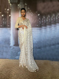 Gulabo - Malika Silk Chiffon Banarsi White Silver Gold Sari For Women - 1 Piece