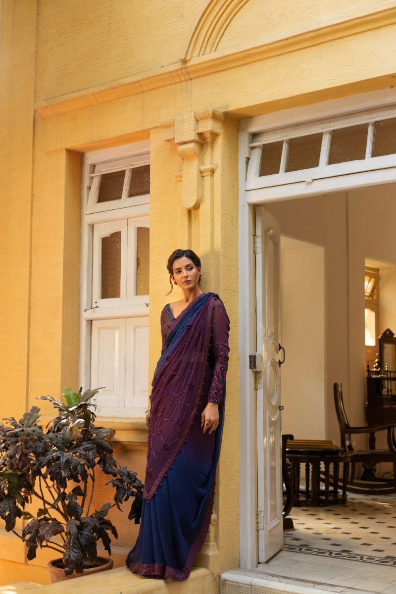 Insia Sohail - Veronica - Plum / Sapphire blue - Saree - Chiffon - Studio by TCS