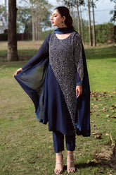 Natasha Kamal - Gorgette Chiffon Jane Suit For Women - Navy - 3 Piece