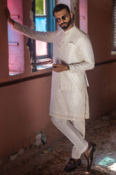 Deepak Perwani - Mof1932 & Jkt1436 - White - Raw Silk - 3 Piece