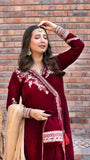 Omal by Komal - Zarmina (Frock & Dupatta) - Maroon - Velvet & Maysuri - 2 Piece
