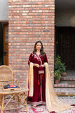 Omal by Komal - Zarmina (Frock & Dupatta) - Maroon - Velvet & Maysuri - 2 Piece