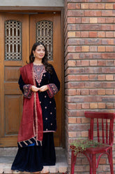 Omal by Komal - Armina - Navy Blue - Velvet & Maysuri - 3 Piece