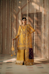 Fozia Khalid - Mayun - Organza - Mustard & plum - 4 Piece