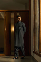 Deepak Perwani - Boski Linen Kurta Shalwar For Men - Dark Grey - 2 Piece