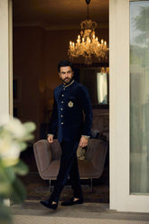 Deepak Perwani - Velvet Prince Coat With Touser For Men - Navy - 2 Piece