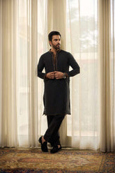 Deepak Perwani - Fine Smooth Kurta Pajama For Men - Black - 2 Piece