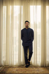 Deepak Perwani - Cotton-Silk Blend Kurta For Men - Navy - 1 Piece