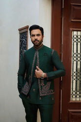 Deepak Perwani - Raw Silk Waistcoat For Men - Emerlad Green - 1 Piece